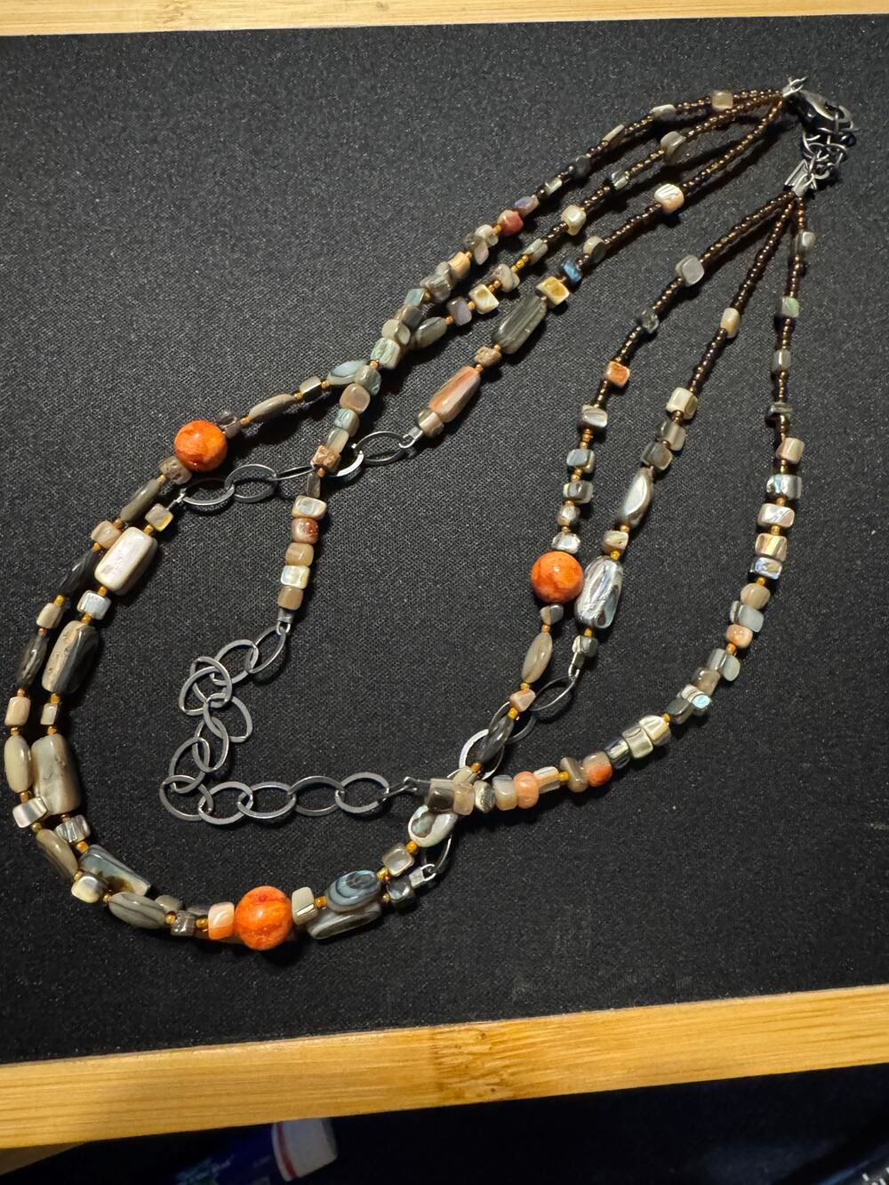 Silpada “Fiesta Fan” 16in Necklace 925, Sponge Coral, Abalone Shell Beads